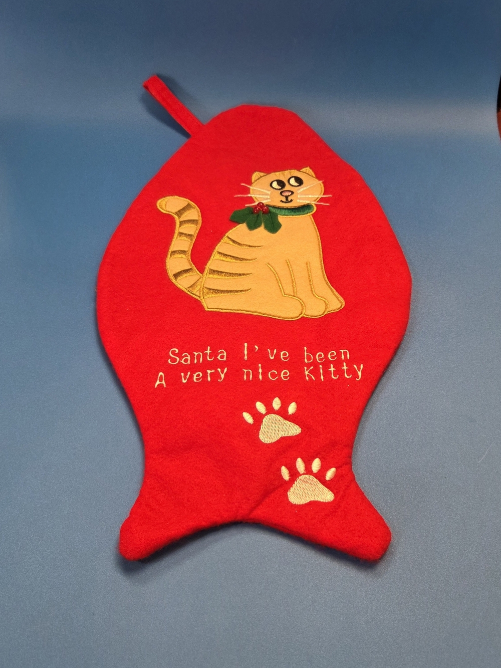 Red Holiday Cat Stocking with Cheerful Kitty Applique - Pet Gift